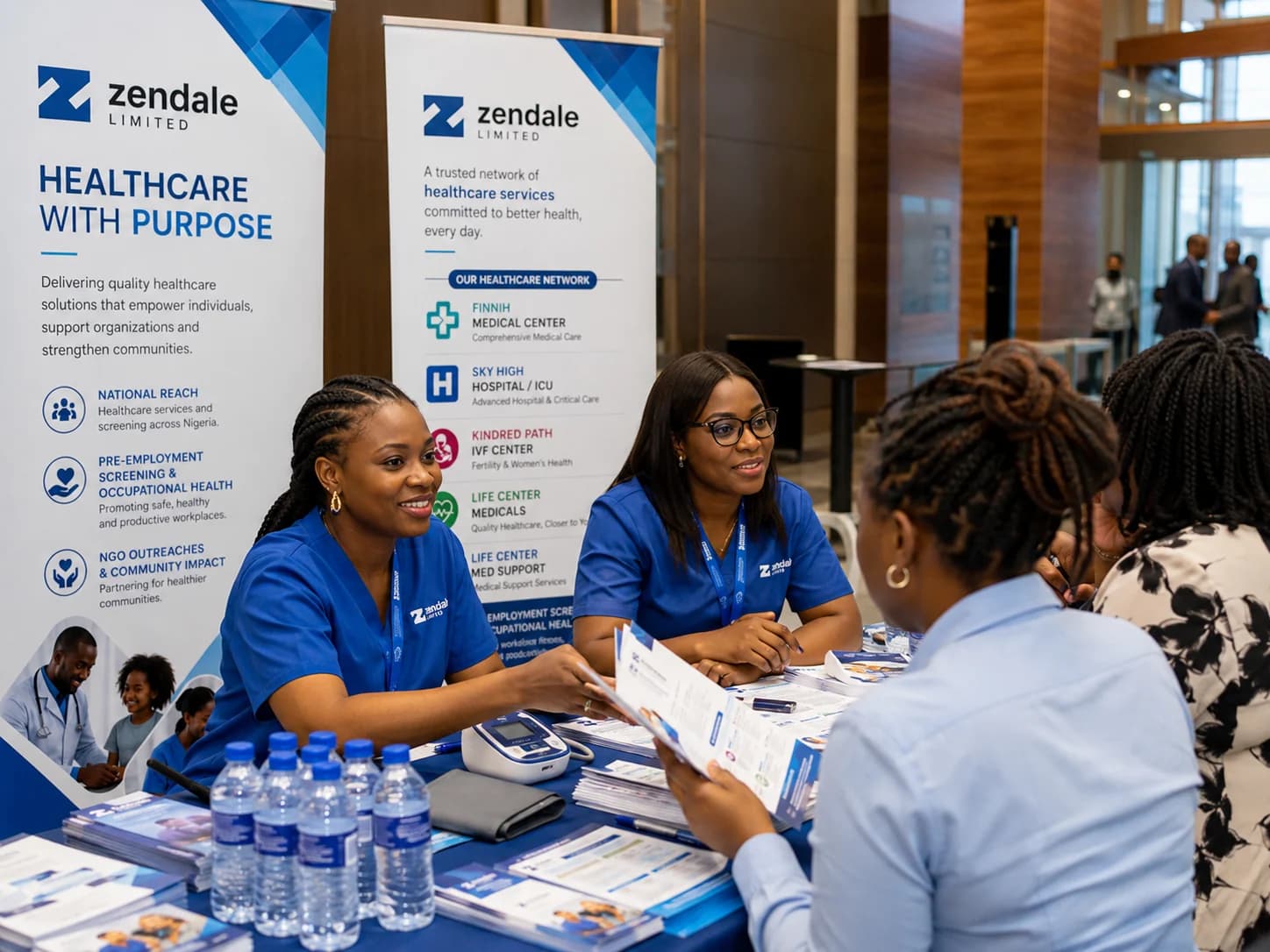 Zendale healthcare professionals welcoming a participant during a corporate health outreach